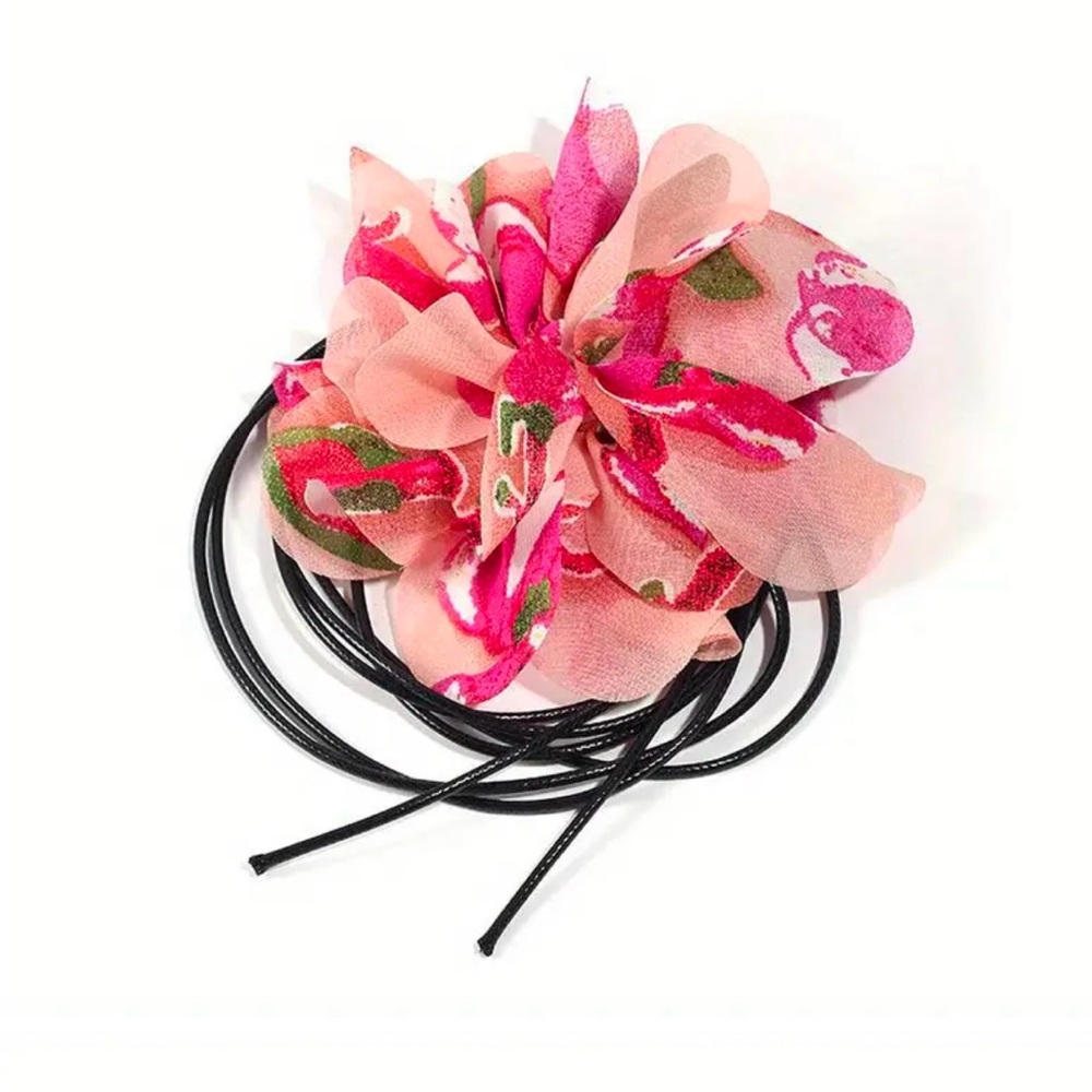 Floral Chiffon Wrap Necklace Pink Flower Scarf Cord Statement